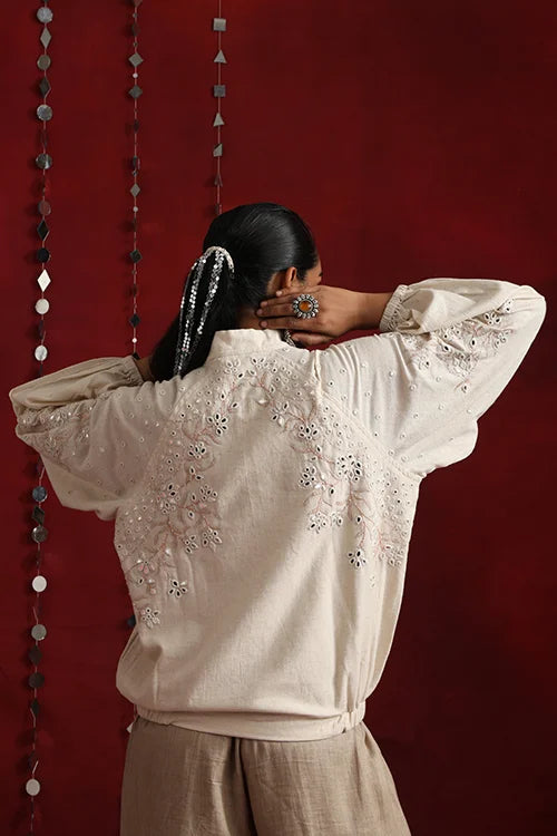 Okhai "Thousand Mirrors" Hand-Embroidered Off White Pure Cotton Bomber Jacket