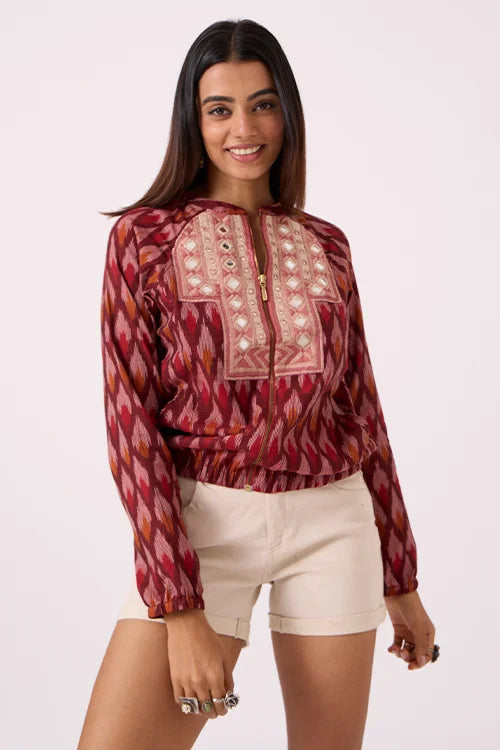 Okhai 'Panache' Pure Cotton Ikat Hand Embroidered Bomber Jacket