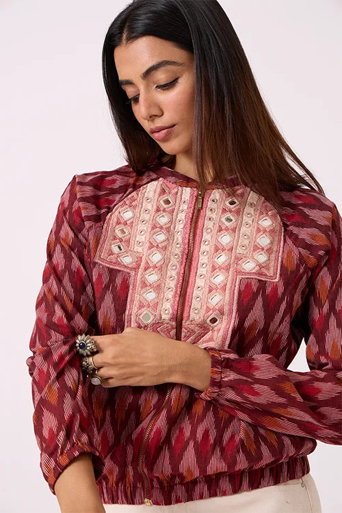 Okhai 'Panache' Pure Cotton Ikat Hand Embroidered Bomber Jacket