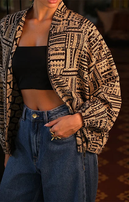 Okhai "Noir" Handblock Printed Pure Cotton Bomber Jacket