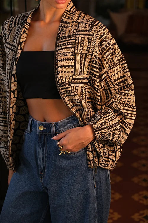 Okhai "Noir" Handblock Printed Pure Cotton Bomber Jacket