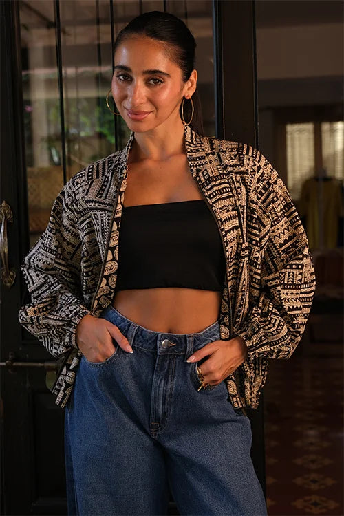 Okhai "Noir" Handblock Printed Pure Cotton Bomber Jacket