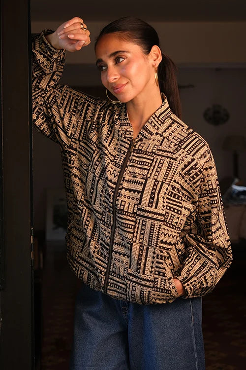 Okhai "Noir" Handblock Printed Pure Cotton Bomber Jacket