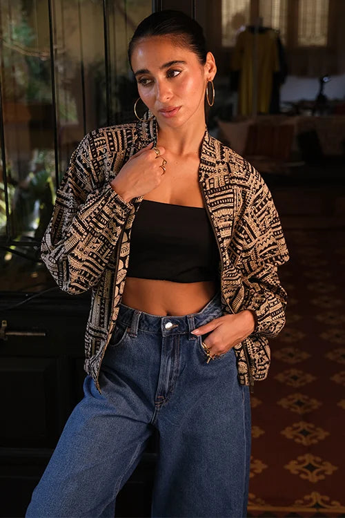Okhai "Noir" Handblock Printed Pure Cotton Bomber Jacket