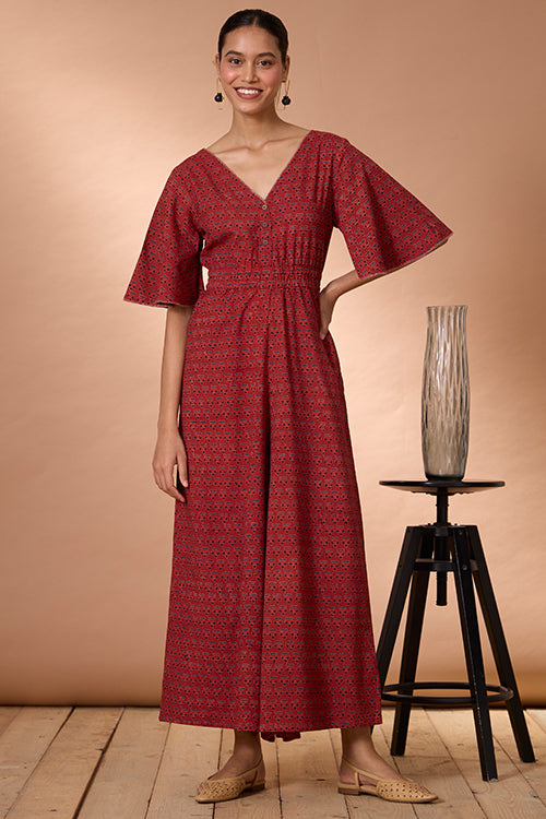 Burnt Copper Printed Half-Sleeved Ajrakh Pure Cotton Jumpsuit For Women Online