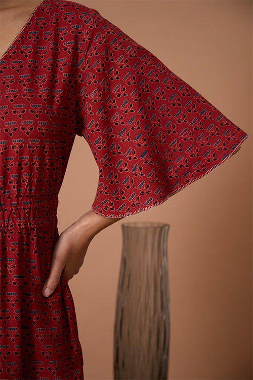 Okhai "Burnt Copper" Handblock Printed Ajrakh Pure Cotton Half-Sleeved Jumpsuit