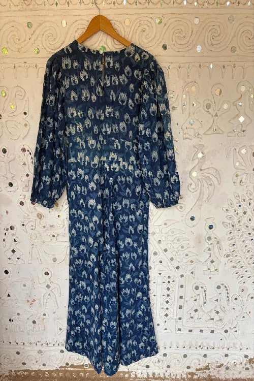 Okhai "Delphini" Handblock Printed Pure Cotton Indigo Jumpsuit | Rescue