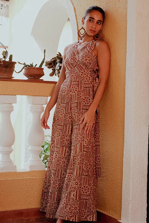 Okhai "Checkmate" Handblock Printed Pure Cotton Jumpsuit