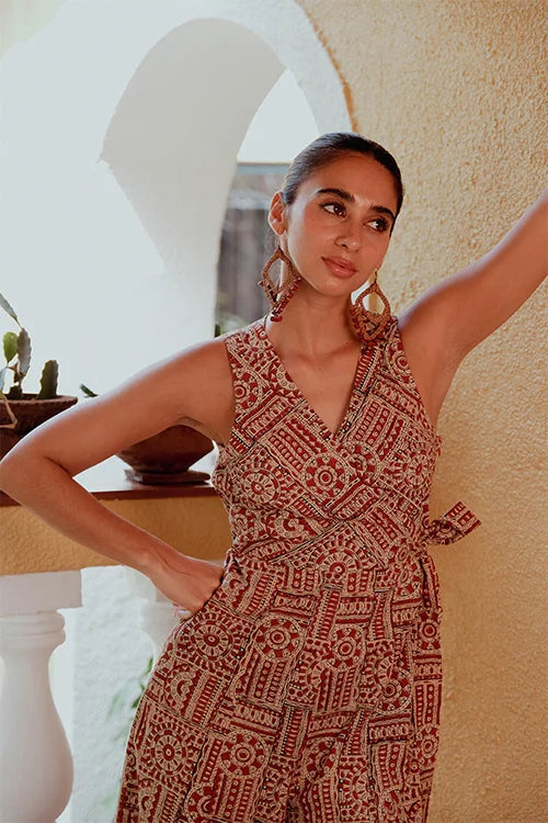 Okhai "Checkmate" Handblock Printed Pure Cotton Jumpsuit