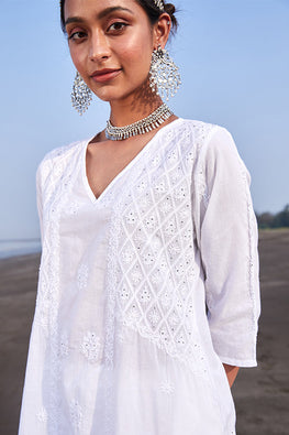 Okhai Nazakat Pure Cotton  Embroidered Chikankari Kurta Pant Dupatta Set