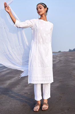 Saahibah Pure Cotton  Embroidered Chikankari Kurta Pant Dupatta Set