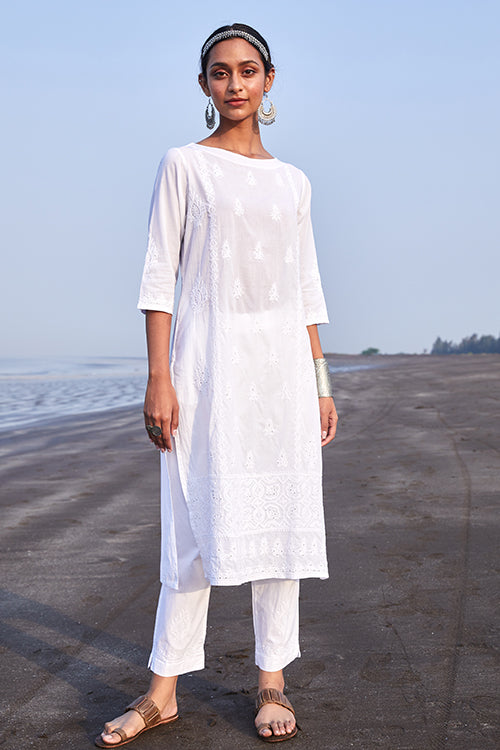 Okhai 'Saahibah' Pure Cotton Chikankari Embroidered Kurta Pant Dupatta Set | Rescue