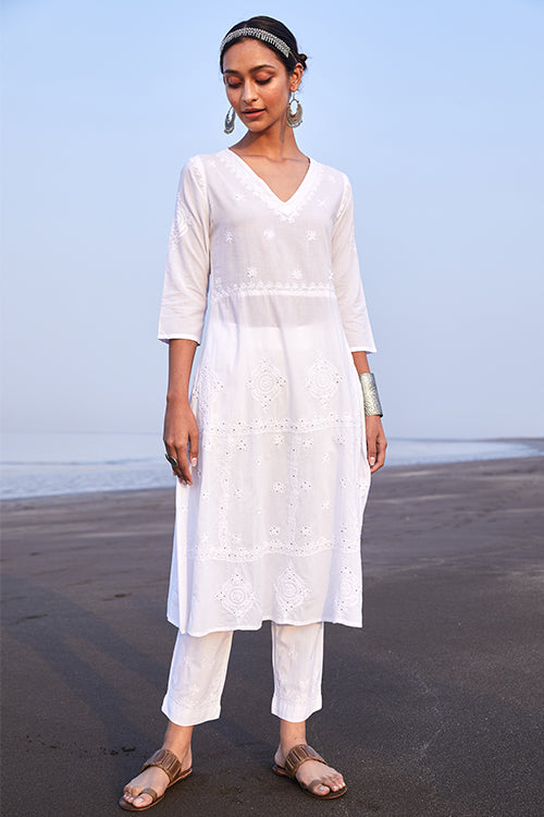 Gazal Pure Cotton Chikankari Embroidered White Kurta Pant Dupatta Set Online