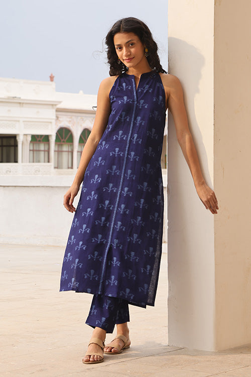 Blue Cotton Kurta With Ikkat Patterns And Kanthastitch Hand Embroidery at  Soch