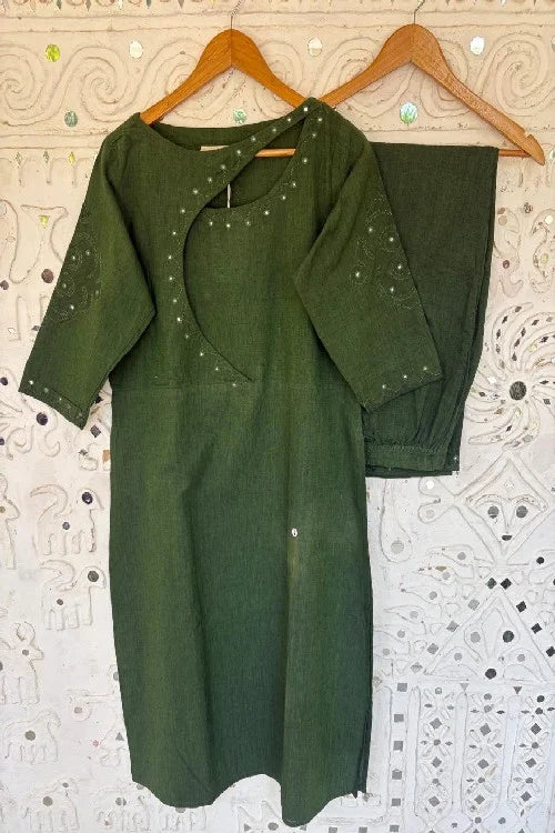 Okhai 'Kites' Pure Cotton Applique Work Hand Embroidered Mirror Work Kurta Pant Set | Rescue