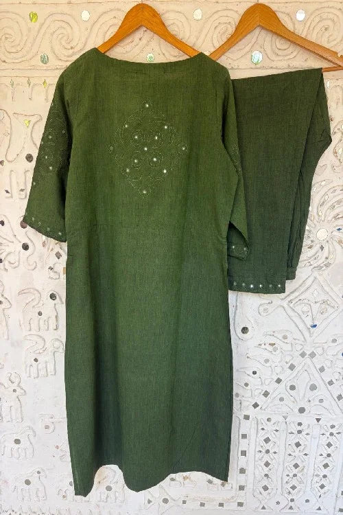 Okhai 'Kites' Pure Cotton Applique Work Hand Embroidered Mirror Work Kurta Pant Set | Rescue