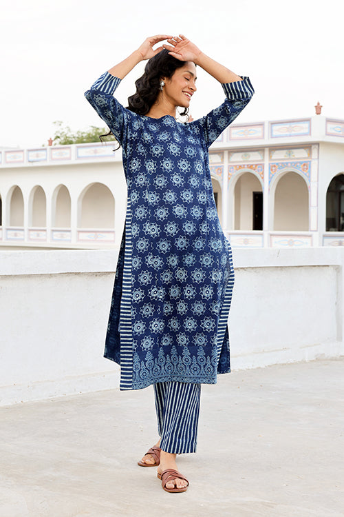 Olio Beauty Pure Cotton Printed Indigo Kurta Pant Set For Women Online –  Okhaistore