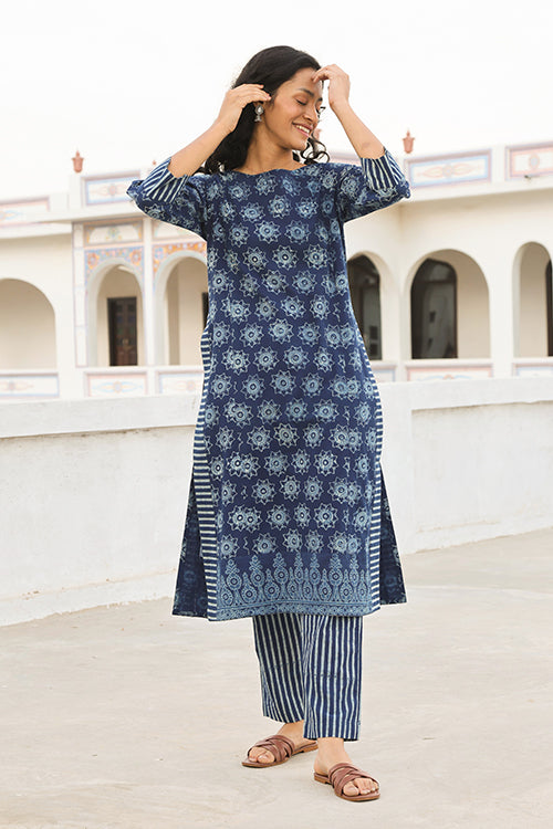 Olio Beauty Pure Cotton Printed Indigo Kurta Pant Set For Women Online