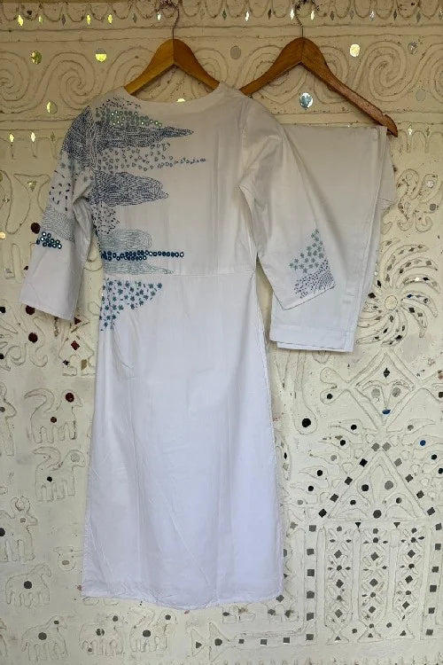 Okhai 'Dew' Pure Cotton Hand Embroidered Mirror Work Kurta Pant Set | Rescue