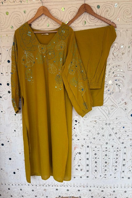 Okhai 'Yellow Daisy' Pure Cotton Hand Embroidered Mirror Work Kurta Pant Set | Rescue