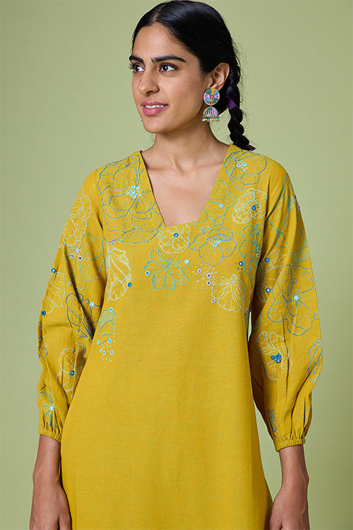Yellow Daisy Pure Cotton Hand Embroidered Mirror Work Kurta Pant Set For Women Online