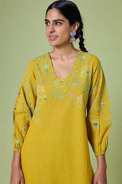 Okhai 'Yellow Daisy' Pure Cotton Hand Embroidered Mirror Work Kurta Pant Set