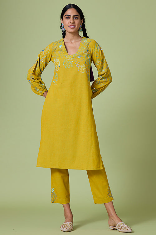Yellow Daisy Pure Cotton Hand Embroidered Mirror Work Kurta Pant Set For Women Online