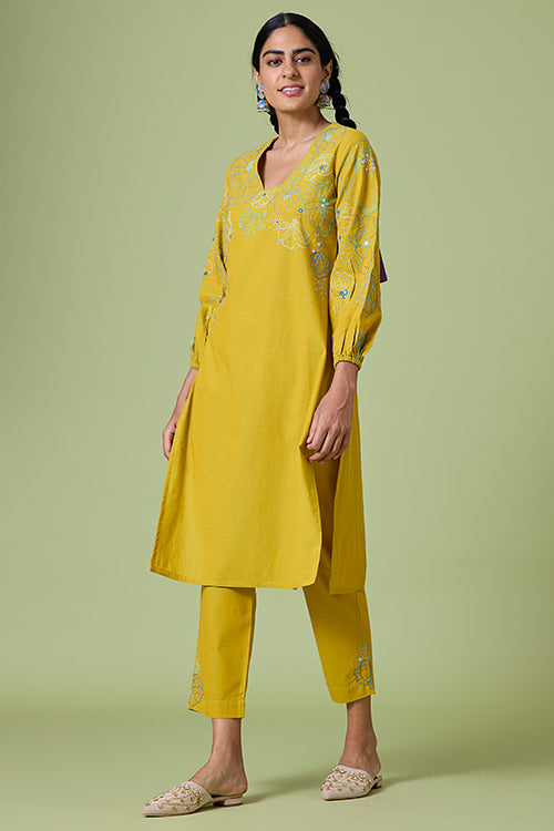 Okhai 'Yellow Daisy' Pure Cotton Hand Embroidered Mirror Work Kurta Pant Set