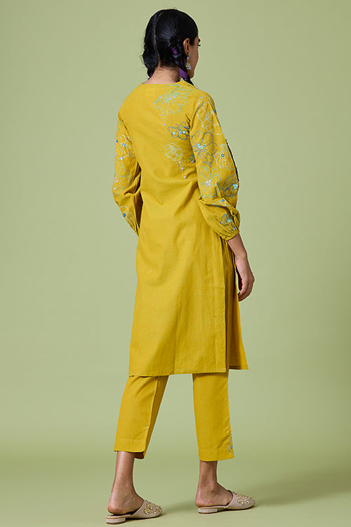 Okhai 'Yellow Daisy' Pure Cotton Hand Embroidered Mirror Work Kurta Pant Set