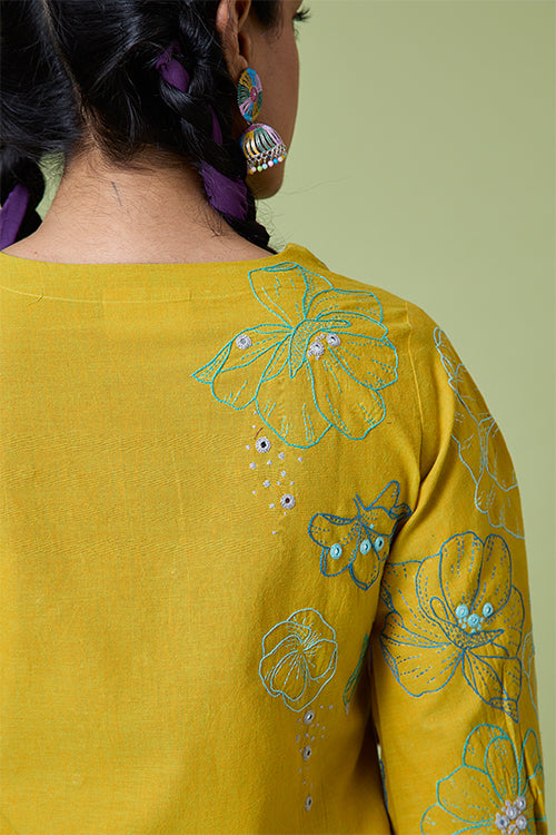 Okhai 'Yellow Daisy' Pure Cotton Hand Embroidered Mirror Work Kurta Pant Set