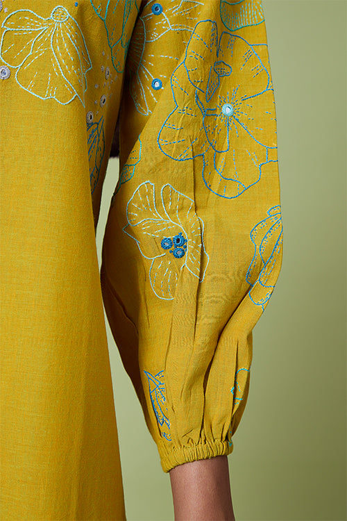 Okhai 'Yellow Daisy' Pure Cotton Hand Embroidered Mirror Work Kurta Pant Set