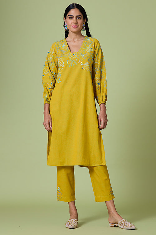 Okhai 'Yellow Daisy' Pure Cotton Hand Embroidered Mirror Work Kurta Pant Set