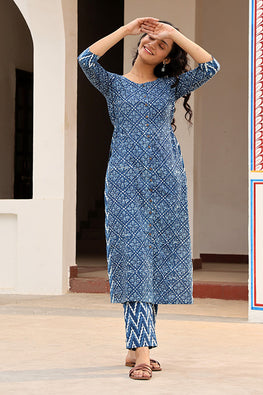 Iris Pure Cotton Printed Indigo Kurta Pant Set For Women Online