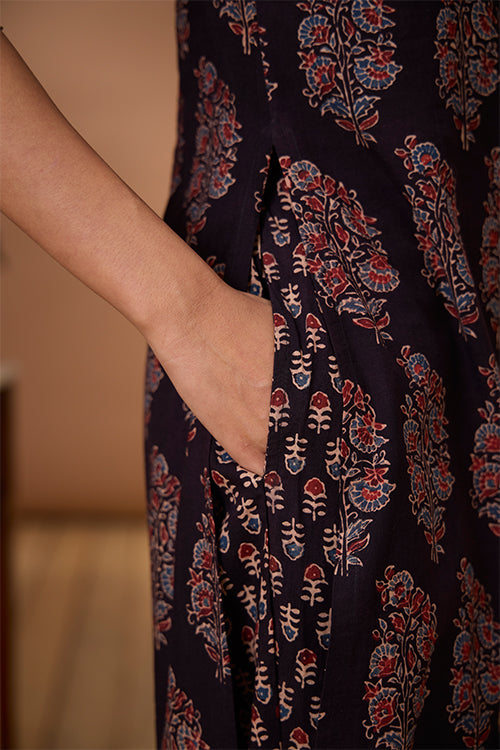 Okhai "Floraison Blossom" Hand Embroidered and Mirrorwork Handblock Printed Ajrakh Pure Cotton Kurta Pant Set