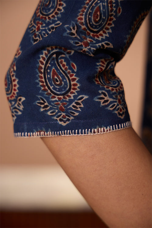 Okhai "Cypress Valley" Hand Embroidered Handblock Printed Ajrakh Pure Cotton Kurta Pant Set