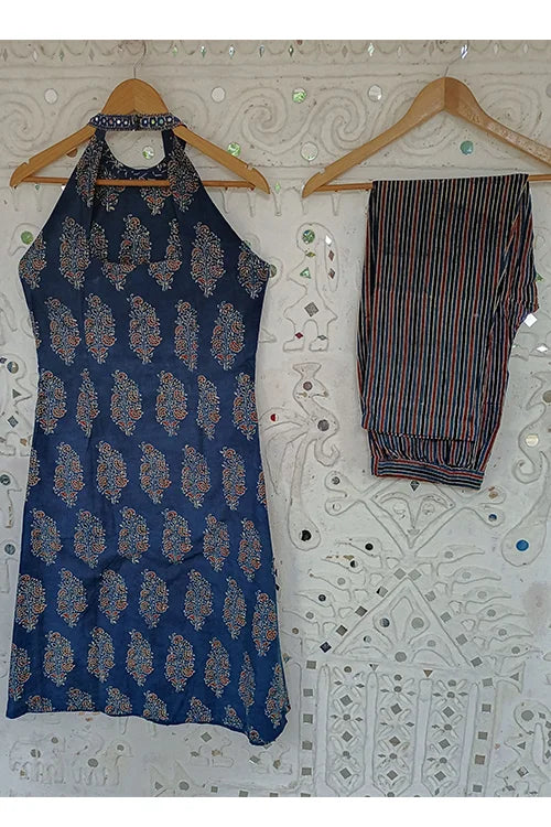 Okhai "Evening Lily" Hand Embroidered and Mirrorwork Handblock Printed Ajrakh Pure Cotton Kurta Pant Set| Rescue
