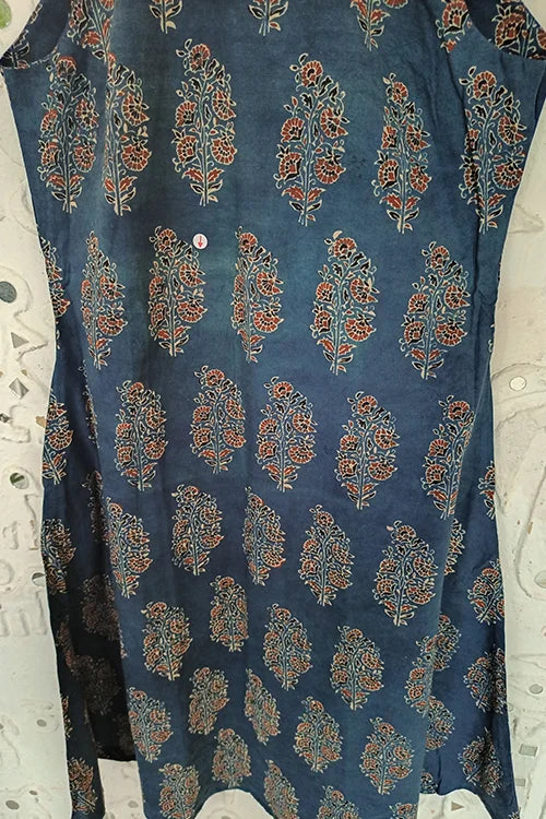 Okhai "Evening Lily" Hand Embroidered and Mirrorwork Handblock Printed Ajrakh Pure Cotton Kurta Pant Set| Rescue