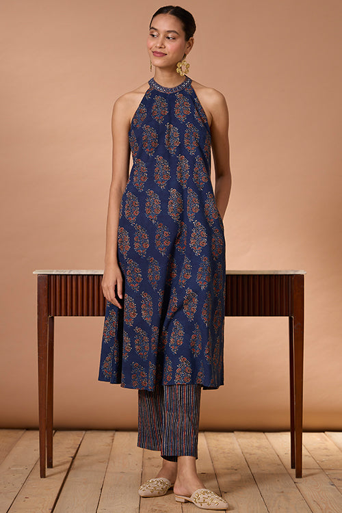 Okhai "Evening Lily" Hand Embroidered and Mirrorwork Handblock Printed Ajrakh Pure Cotton Kurta Pant Set| Rescue