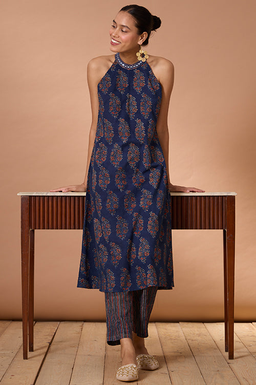 Evening Lily Printed Cotton Ajrakh Kurta Pant Set For Women Online