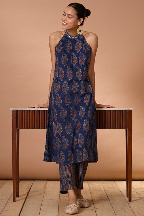 Okhai "Evening Lily" Hand Embroidered and Mirrorwork Handblock Printed Ajrakh Pure Cotton Kurta Pant Set| Rescue