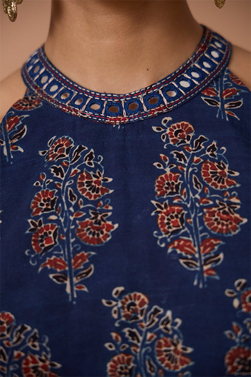 Okhai "Evening Lily" Hand Embroidered and Mirrorwork Handblock Printed Ajrakh Pure Cotton Kurta Pant Set| Rescue