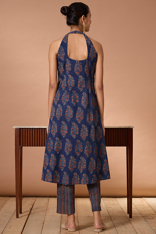 Okhai "Evening Lily" Hand Embroidered and Mirrorwork Handblock Printed Ajrakh Pure Cotton Kurta Pant Set| Rescue