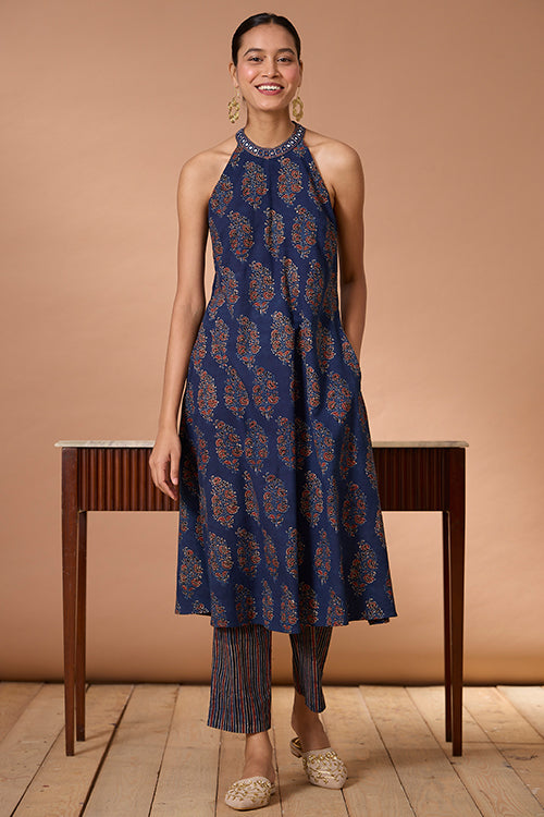 Okhai "Evening Lily" Hand Embroidered and Mirrorwork Handblock Printed Ajrakh Pure Cotton Kurta Pant Set| Rescue