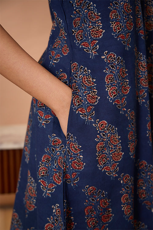 Okhai "Evening Lily" Hand Embroidered and Mirrorwork Handblock Printed Ajrakh Pure Cotton Kurta Pant Set| Rescue