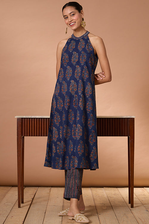 Okhai "Evening Lily" Hand Embroidered and Mirrorwork Handblock Printed Ajrakh Pure Cotton Kurta Pant Set| Rescue