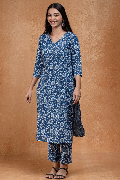 Okhai "Bluejay" Hand Embroidered and Mirrorwork Pure Cotton Kurta Pant Set