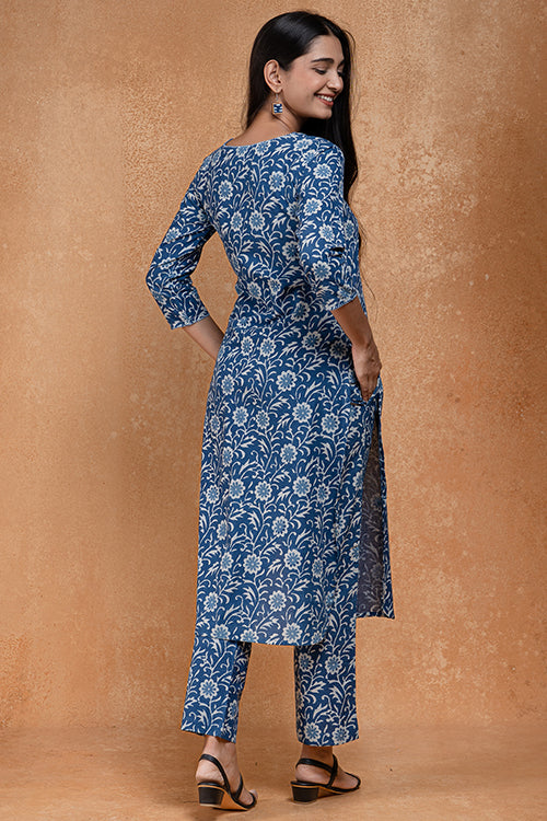 Okhai "Bluejay" Hand Embroidered and Mirrorwork Pure Cotton Kurta Pant Set