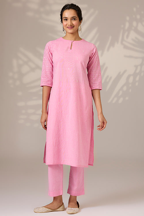 Okhai "Blushed" Hand-Embroidered Mirrorwork Pure Cotton Kurta Pant Set