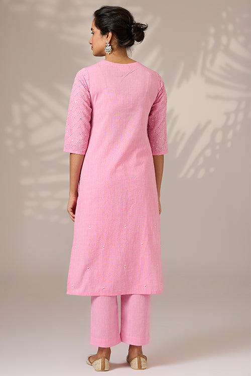 Okhai "Blushed" Hand-Embroidered Mirrorwork Pure Cotton Kurta Pant Set