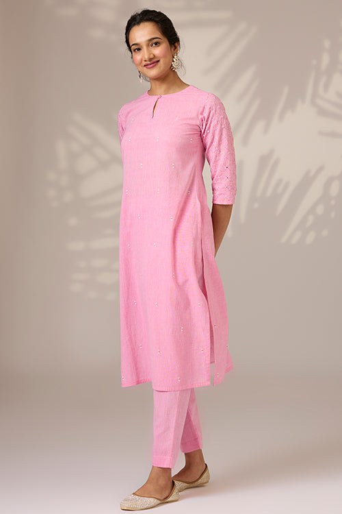 Okhai "Blushed" Hand-Embroidered Mirrorwork Pure Cotton Kurta Pant Set
